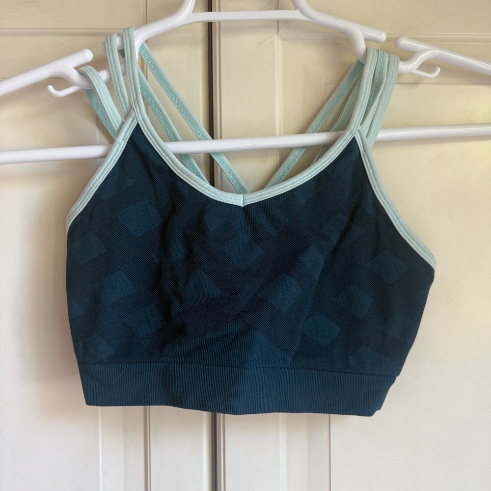 Smartwool Seamless Strappy Back Merino Wool Blend Sports Bra Teal Medium